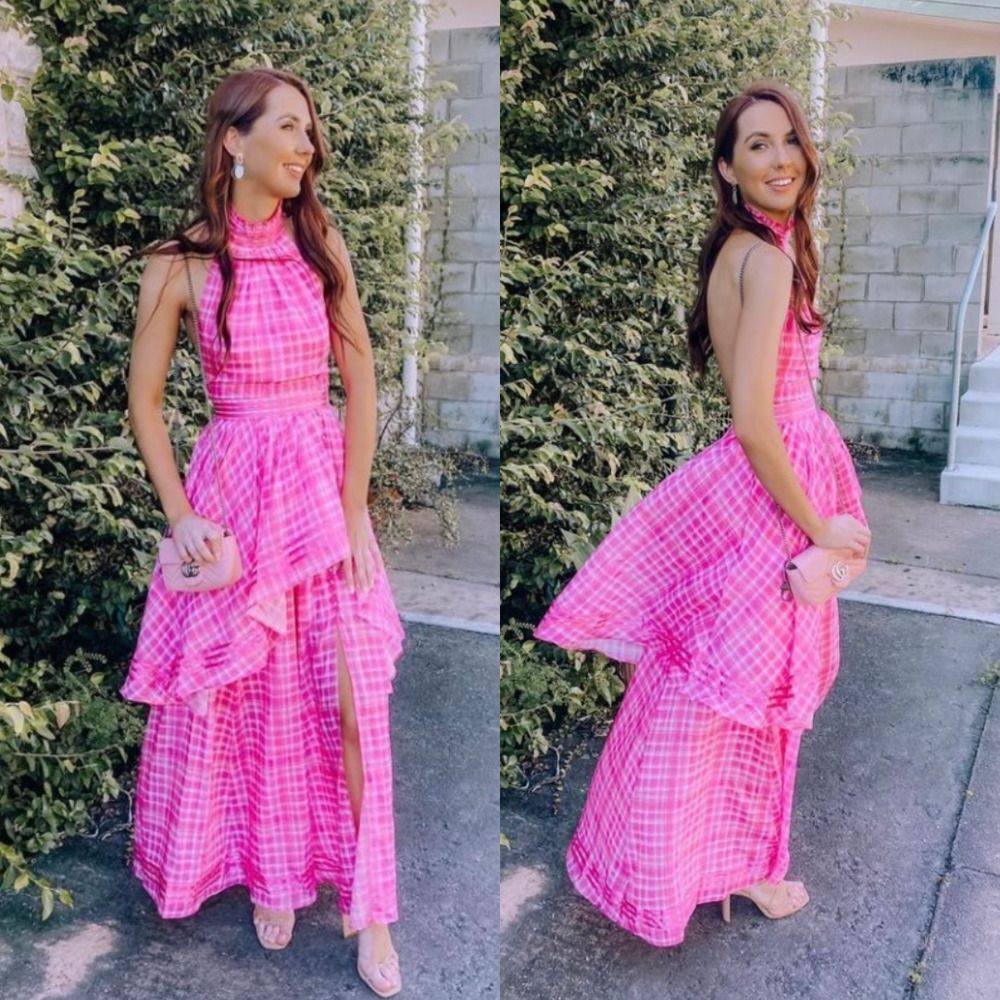 Aje Bungalow Sienna Halter Open Back Tiered Slit Maxi Dress Pink Size 8 Barbie